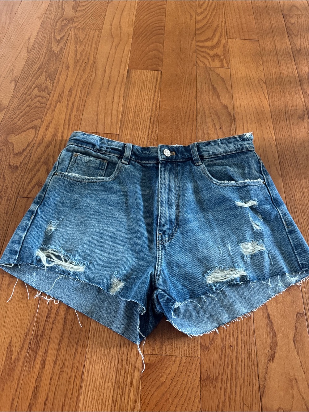 Zara Washed Blue Distressed Denim Shorts